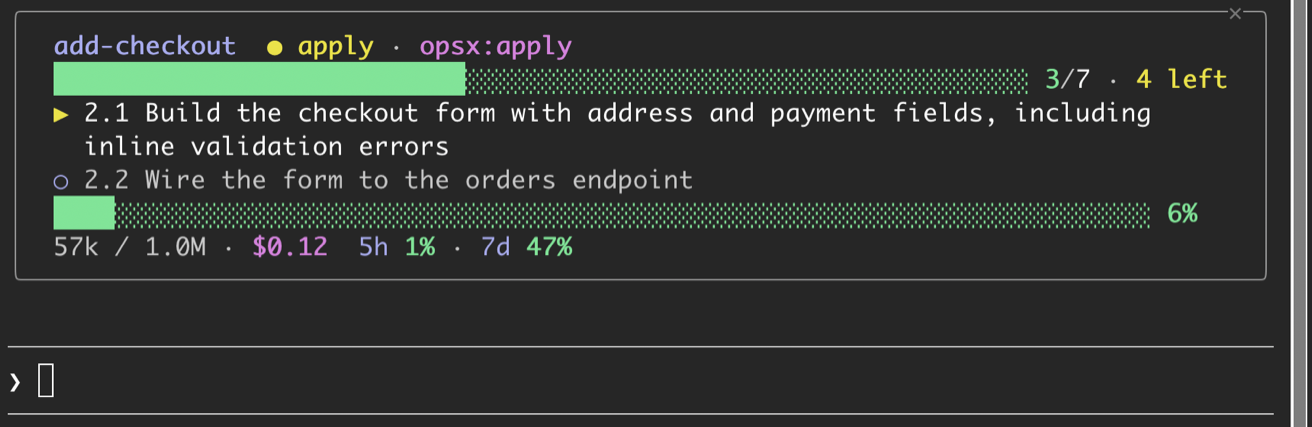 OpenSpec HUD as an inline bar above the Claude Code prompt