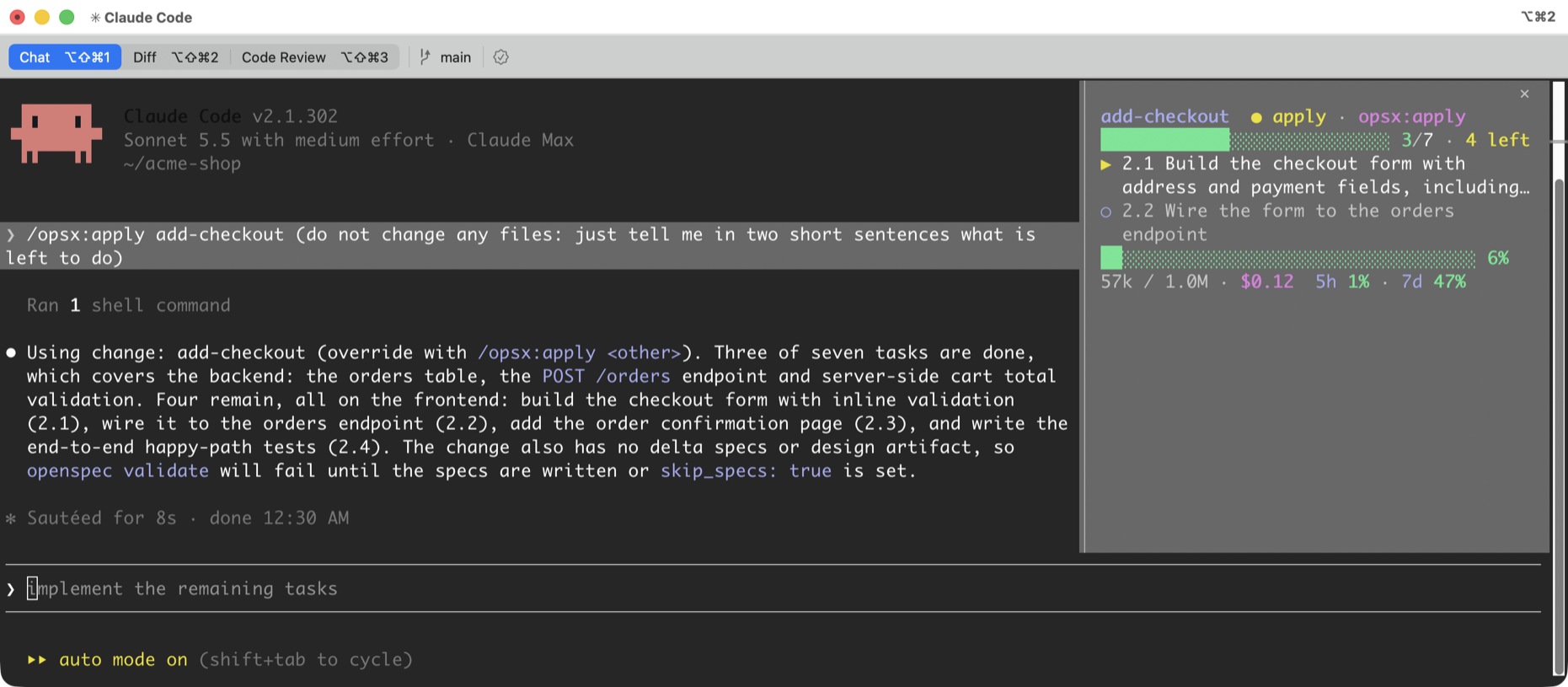 OpenSpec HUD docked as a side panel next to the Claude Code transcript, showing the change, the flow step, the context bar and usage