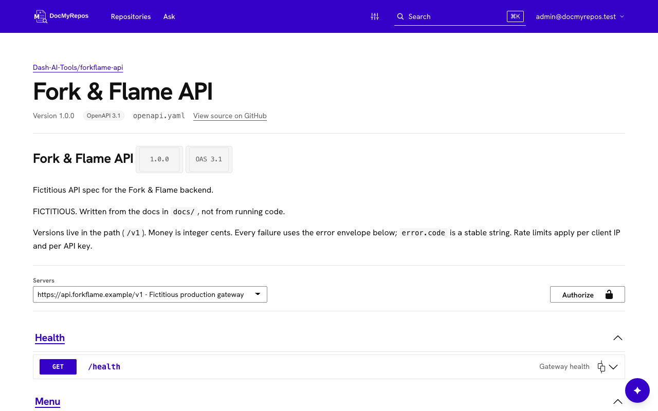 The API reference page of a repository, rendered from its openapi.yaml with servers, tags and operations