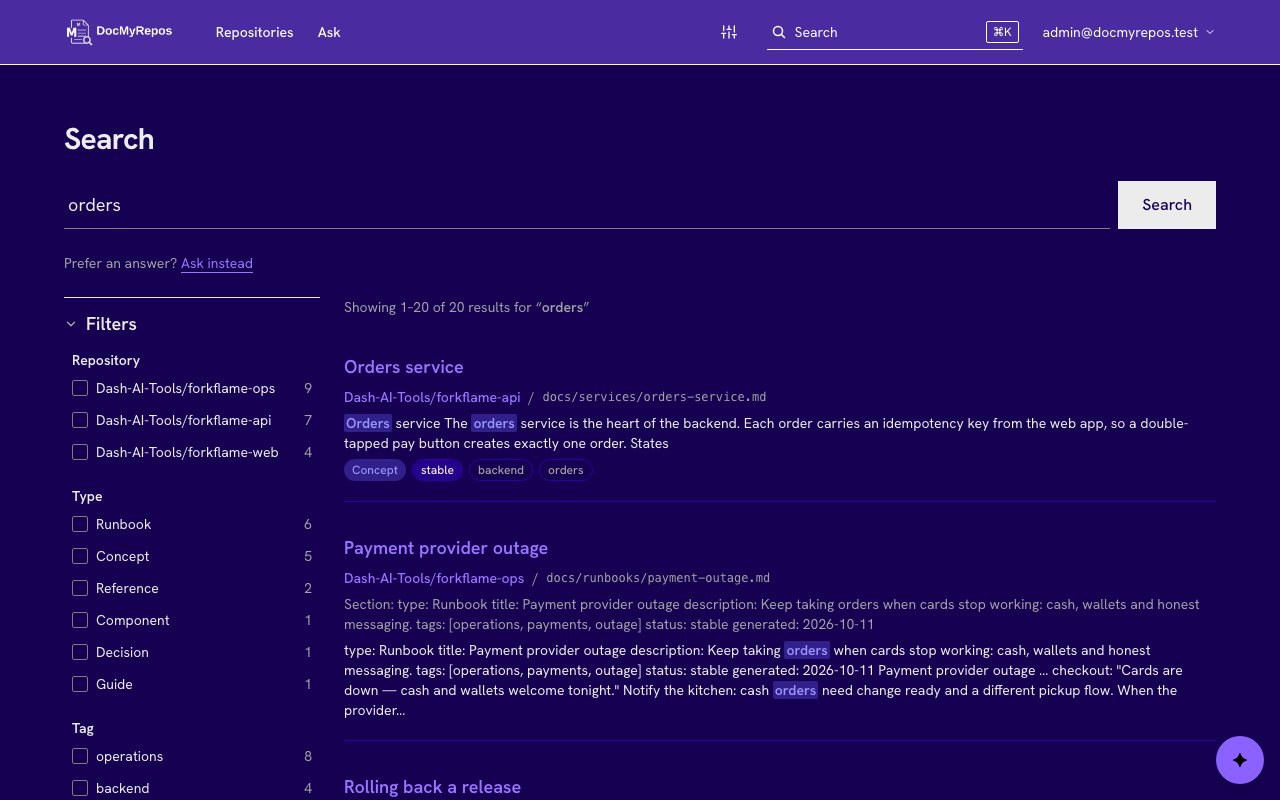 Search results for the word deployment with highlighted snippets and repository, type and tag filters