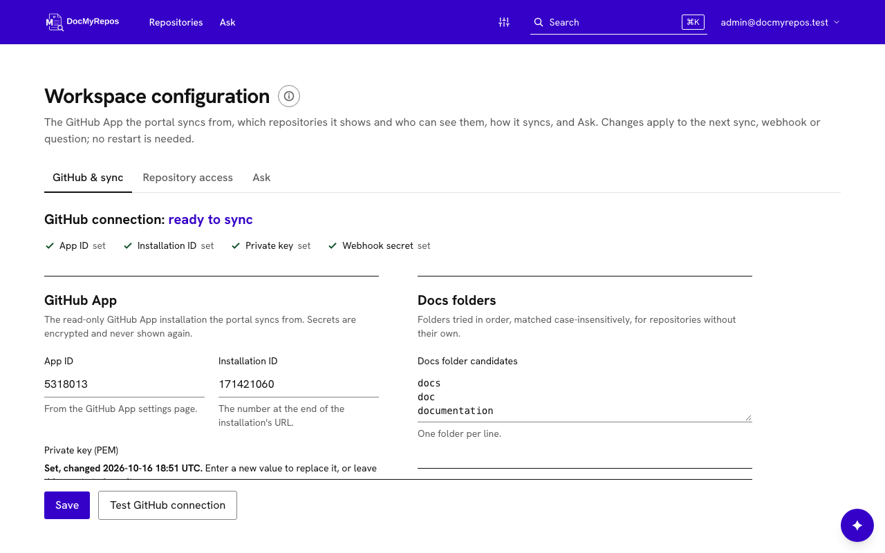 Workspace configuration with the GitHub connection status, the GitHub App fields and the docs folders